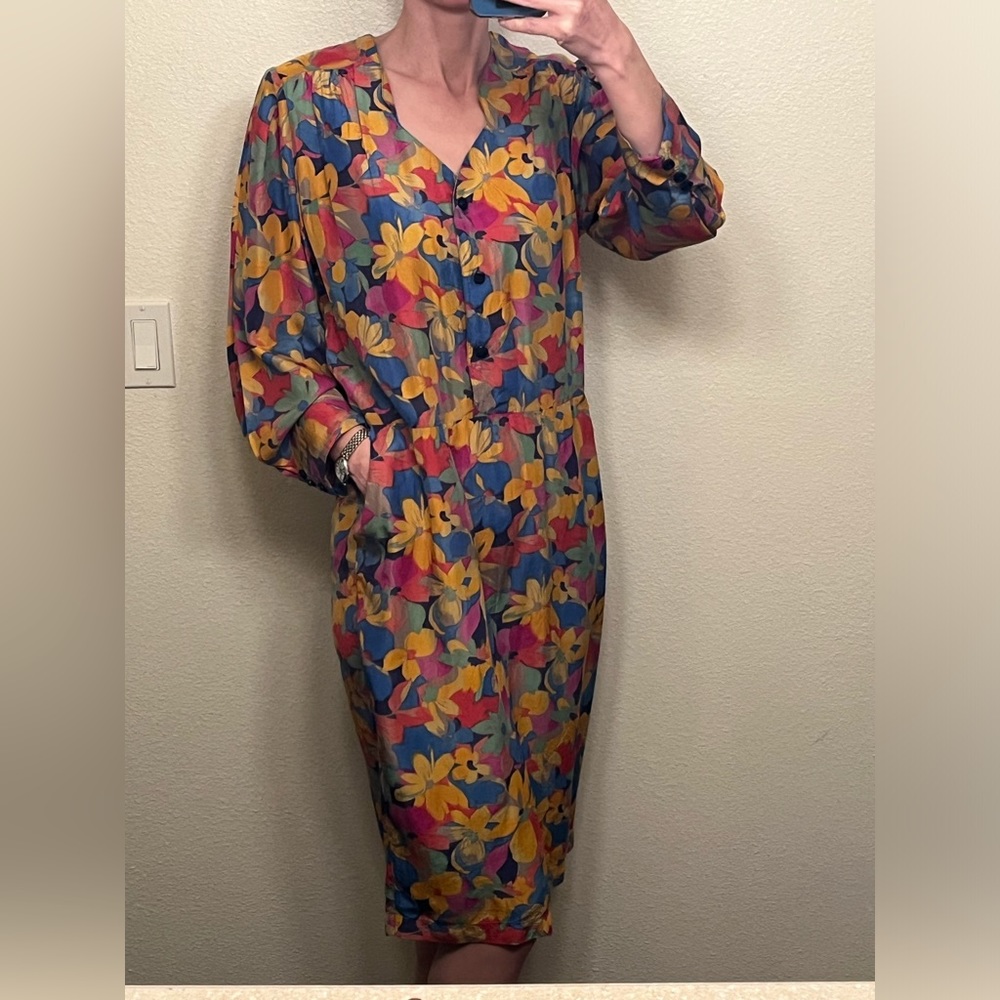 Vintage Anna Allieri Floral Dress, Natural Silk, Italy, Size 12